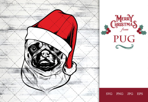 Pug Dog in Santa Hat for Christmas Crafts